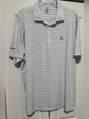 Rhoback Mens XXL Subaru On Sleeve White Blue Striped Polyester Polo Golf Shirt.